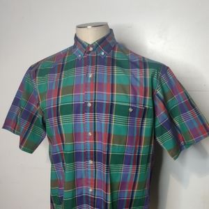 Vintage 80s Steeple Chase Short Sleeve Shirt Large Purple Green Plaid